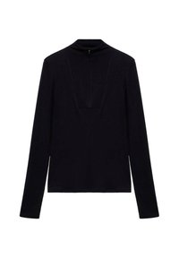 Black long-sleeve top made of soft fabric, featuring a mock neck and a deep V-shaped cutout in the front, with a concealed zipper at the back.