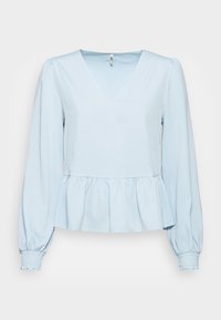Light blue long-sleeve blouse with a V-neck, gathered sleeves, and a peplum hem, made of soft fabric. Features a smooth texture.
