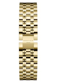 Pulsera de reloj de metal dorado con eslabones entrelazados, con un acabado pulido y grabado de la marca en el centro.