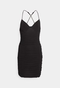 Robe noire sans manches avec texture froncée, décolleté en V et bretelles croisées dans le dos. Tissu lisse avec une silhouette ajustée.