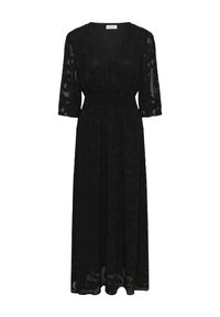 Fekete maxi ruha V-nyakkivágással és háromnegyedes ujjakkal, áttetsző anyagból, textúrált virágmintával és ráncolt derékkal.