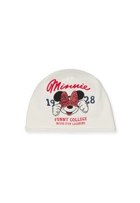Beanie bianco a maglia con grafica di un topo con fiocco rosso, testo "Minnie 1928 FUNNY COLLEGE NEVER STOP LEARNING" in rosso e blu navy.