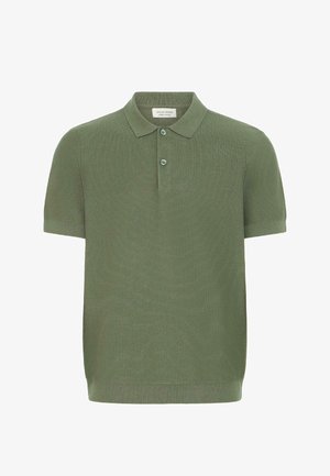 Trumpomis rankovėmis alyvuogių žalia polo marškinėliai su dviem mygtukais ir klasikiniais apykaklėmis, megzta medžiaga, laisvalaikio stilius.