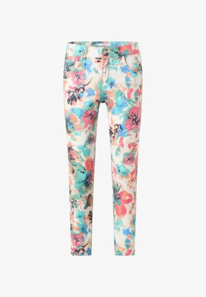 Jeans en denim à imprimé floral présentant un design multicolore avec des teintes dominantes de rose, bleu et vert. Coupe ajustée avec poches et fermeture à bouton.