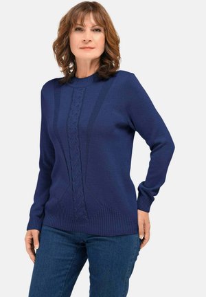 Navyblauer Strickpullover mit einem strukturierten Hersteller-Design an der Vorderseite, gerippten Bündchen und einem runden Halsausschnitt. Kombiniert mit Jeans.
