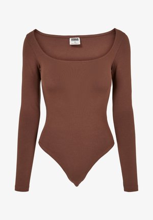 Bruine lange mouwen bodysuit van een gladde stof, met een brede ronde halslijn en een getailleerd ontwerp met een thong-achtige onderkant.