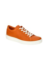 Orange leather sneaker with a textured surface, white laces, and a flat white rubber sole. Features a low-top design and subtle branding.