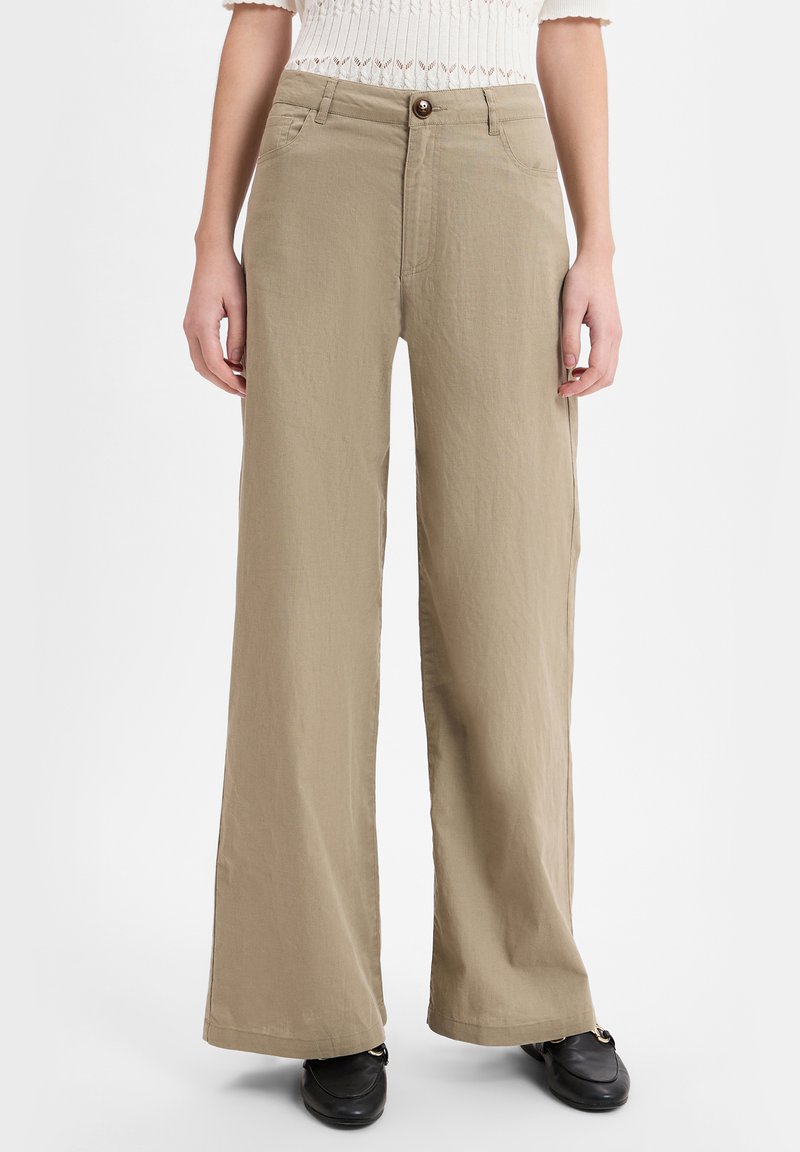 Beige wijde broek met een textured afwerking, voorzien van een knoopsluiting, riemlussen en zijzakken voor functionaliteit.