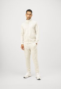 Svetlo béžový teplákový súprava so zipsom a zodpovedajúcimi nohavicami. Vlastnosti: tri pruhy pozdĺž rukávov, vyrobený z mäkkého a hladkého materiálu. Biely tenisky.