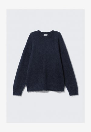 Dunkelblauer, flauschiger Pullover aus weichem, strukturiertem Material. Mit Rundhalsausschnitt und langen Ärmeln in einer lockeren, entspannten Passform.