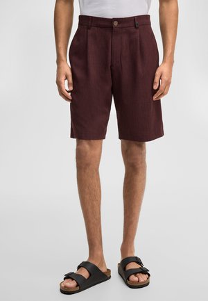 Uomo con pantaloncini marrone scuro fino al ginocchio con pieghe frontali e sandali neri con doppia cinghia, in piedi davanti a uno sfondo semplice.