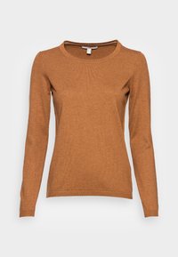 Long-sleeve, camel brown crew neck sweater made of fine knit fabric, displayed against a plain light background.