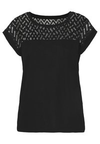 Mustat T-paita lyhythihaisilla, jossa on läpinäkyvä, kuviollinen pitsikuvio yläosassa ja kiinteä musta alaosa.