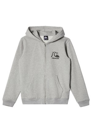 Hellegraue Zip-Hoodie mit Fronttaschen, Kapuze und schwarzem Quiksilver-Logo, das eine Welle und einen Berg auf der linken Brust zeigt.