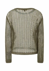 Olivgrüner gestrickter Pullover mit offenem Mesh-Design, langen Ärmeln und rundem Halsausschnitt. Die Struktur ermöglicht eine Durchsicht durch den Stoff.