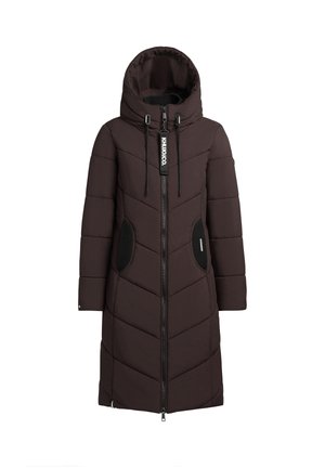 Duga tamnosmeđa zimska jakna s kapuljačom, prednjim patentnim zatvaračem, podesivim vezicama i crnim tkanim džepovima.