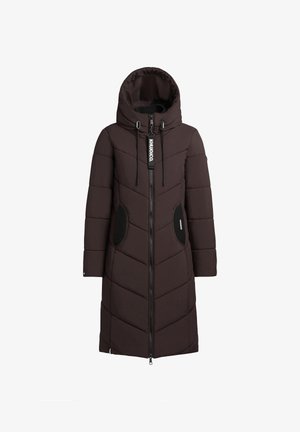Duga tamnosmeđa zimska jakna s kapuljačom, prednjim patentnim zatvaračem, podesivim vezicama i crnim tkanim džepovima.