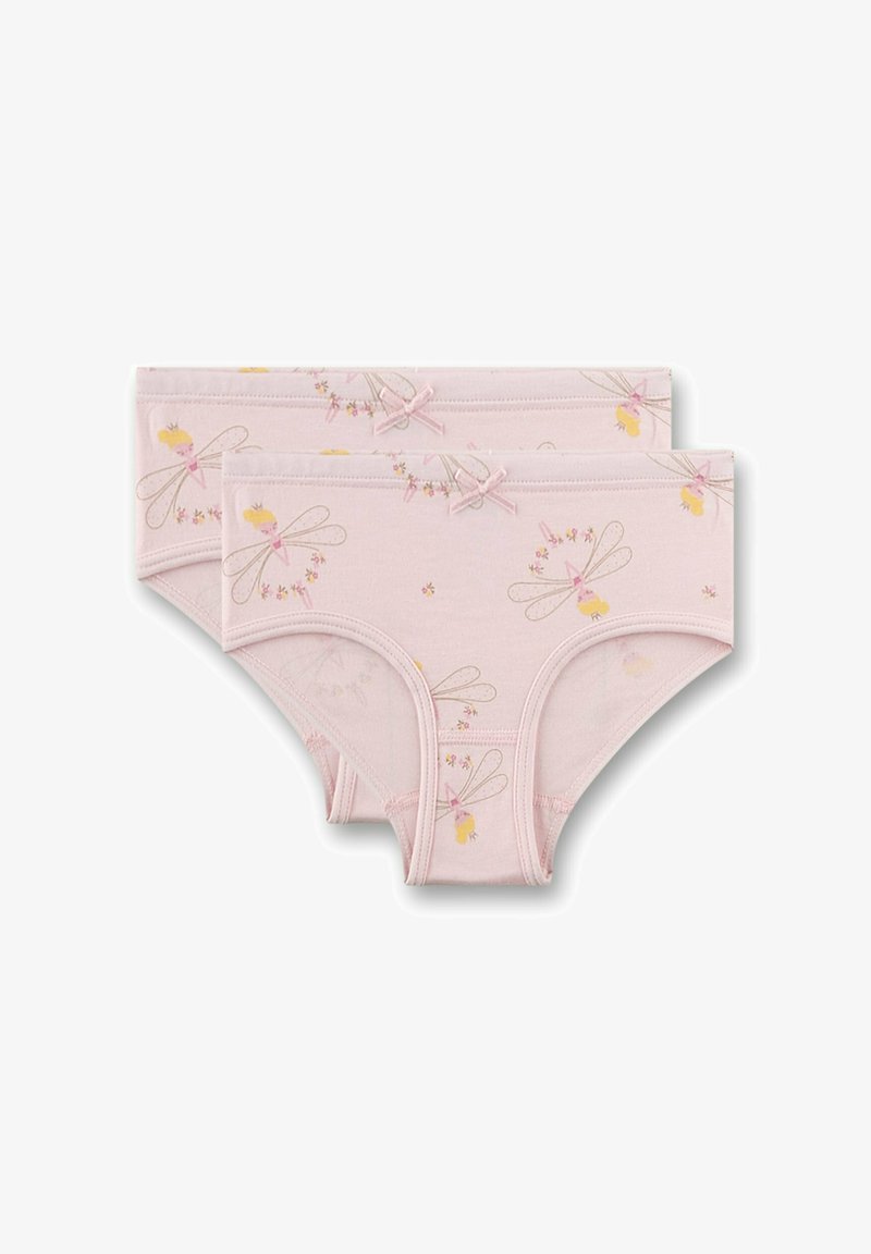 Due paia di mutandine per ragazze in morbido cotone rosa chiaro, con motivo a libellula e dettagli floreali gialli, con piccoli fiocchi in vita.