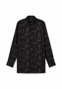 Schwarzes Langarmshirt mit floralem Muster in Grautönen und Weiß, ausgestattet mit einem Hemdkragen und einer durchgehenden Knopfleiste vorne.