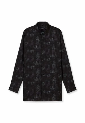 Black long-sleeve shirt featuring a floral pattern in shades of gray and white, with a button-down collar and front button closure.