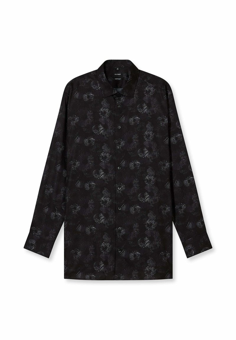 Schwarzes Langarmshirt mit floralem Muster in Grautönen und Weiß, ausgestattet mit einem Hemdkragen und einer durchgehenden Knopfleiste vorne.