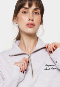 Svetlošedá mikina na zips s vysokým golierom, vyšívaným logom "Carpatree Sports Club", strieborným zipsom a mäkkou, textúrovanou tkaninou.