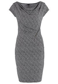 Mekko, jossa on musta-valkoinen kuvio, drapeerattu pääntie, hihattomat hihat ja sivuosa. Slim fit, polvipituinen muotoilu.