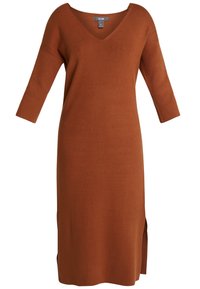Abito lungo in maglia color ruggine con scollatura a V, maniche a tre quarti e dettaglio con spacco laterale, che offre una finitura liscia e testurizzata.
