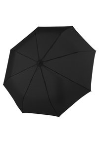 Schwarzer Regenschirm mit acht Segmenten, hergestellt aus einem glatten Stoff. Verfügt über eine zentrale Nabe und schlanke, gerade Streben. Keine sichtbaren Muster oder Akzente.