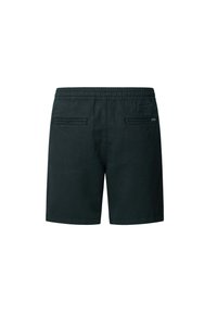 Pantalones cortos de algodón negros con una cinturilla elástica, dos bolsillos traseros y un corte recto. La tela tiene una textura suave y uniforme.