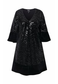 Vestido negro con escote en V, mangas cortas estilo campana y un patrón de cebra con lentejuelas sobre una tela texturizada, con un dobladillo negro sólido.