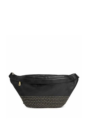 Black leather waist bag with gold stud embellishments on the front bottom and a gold zipper pull on top.