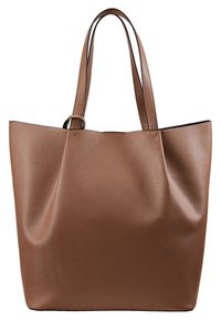 Grand sac cabas en cuir marron avec double bretelles d'épaule et une texture discrète en motif croisillon, présenté sur un fond blanc.