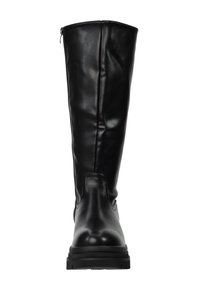 Zwart leren laars tot aan de knie met een gladde afwerking, een zijrits, een ronde neus en een gestructureerde rubberen zool voor grip.