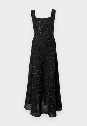 Robe midi noire sans manches avec encolure carrée, taille cintrée et tissu texturé pailleté s'étendant jusqu'à l'ourlet évasé.