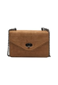 Sac bandoulière en simili cuir beige avec une texture crocodile. Dispose d'une fermeture à rabat et d'une chaîne noire. Forme rectangulaire compacte.