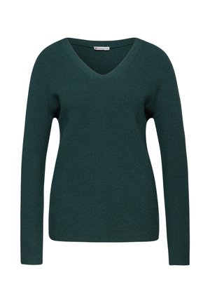Pull vert à col en V avec des manches longues, fabriqué à partir d'un tissu en tricot côtelé. Il présente une texture douce et une coupe ajustée.