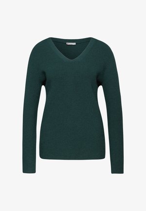 Zielony sweter z dekoltem w serek i długimi rękawami, wykonany z materiału ribbed knit. Posiada miękką teksturę i dopasowany krój.