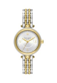 Zilveren en goudkleurige horloge met een ronde wijzerplaat, een witte dial, gouden uurmarkers en een twee kleuren metalen armband. Bevat een schoppenlogo.