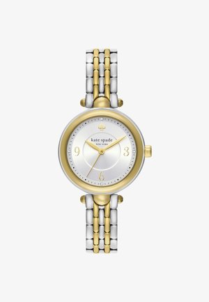 Silber- und goldfarbene Uhr mit einem runden Zifferblatt, einem weißen Ziffernblatt, goldenen Stundenmarkierungen und einem zweifarbigen Metallarmband. Mit einem Herzenslogo.