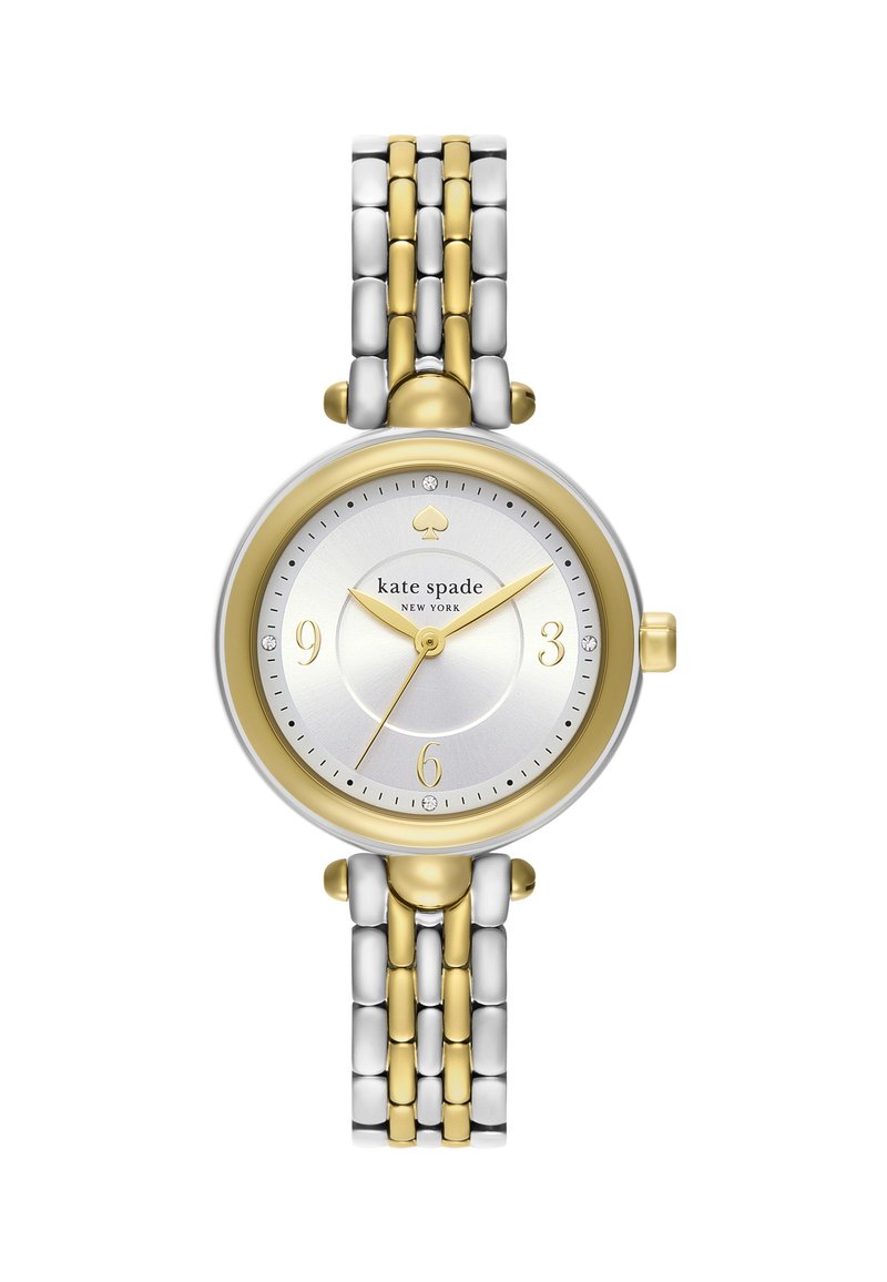 Zilveren en goudkleurige horloge met een ronde wijzerplaat, een witte dial, gouden uurmarkers en een twee kleuren metalen armband. Bevat een schoppenlogo.