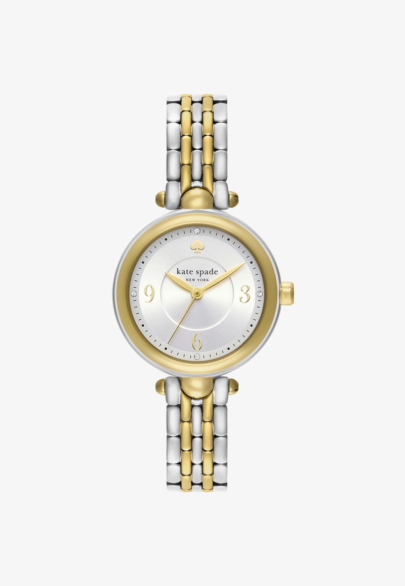 Zilveren en goudkleurige horloge met een ronde wijzerplaat, een witte dial, gouden uurmarkers en een twee kleuren metalen armband. Bevat een schoppenlogo.
