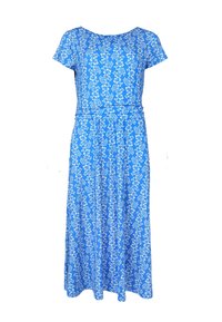 Maxikleid mit blauem Blumenmuster, aus weichem Stoff gefertigt, mit kurzen Ärmeln, einem runden Ausschnitt und einer taillierten Taille, die in einen fließenden Rock übergeht.