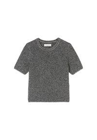 Grijze katoenen t-shirt met korte mouwen, voorzien van een textuurpatroon en een ronde halslijn. Label zichtbaar op de hals. Stof lijkt zacht en ademend.