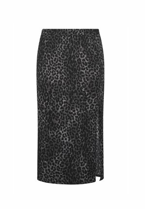 Bleistiftrock mit Leopardenmuster in Schwarz und Grau. Verfügt über einen seitlichen Schlitz, einen elastischen Bund, eine glatte Textur und ein knielanges Design.