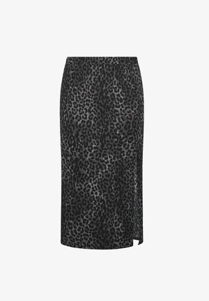 Bleistiftrock mit Leopardenmuster in Schwarz und Grau. Verfügt über einen seitlichen Schlitz, einen elastischen Bund, eine glatte Textur und ein knielanges Design.