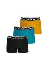 Trois paires de boxers pour hommes en noir, teal et jaune avec une ceinture noire portant le texte "ATHENA" en blanc. Matériau en mélange de coton.