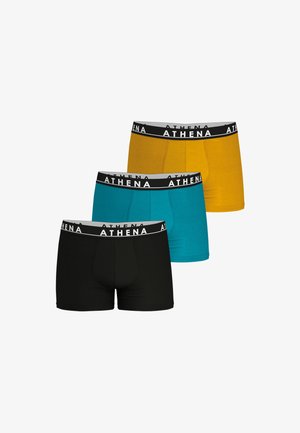 Trois paires de boxers pour hommes en noir, teal et jaune avec une ceinture noire portant le texte "ATHENA" en blanc. Matériau en mélange de coton.