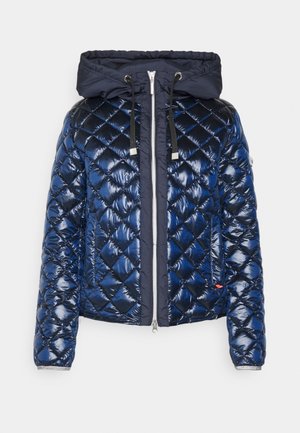 Veste matelassée bleu marine brillante avec fermeture éclair intégrale devant, capuche attachée avec cordons et manches longues.