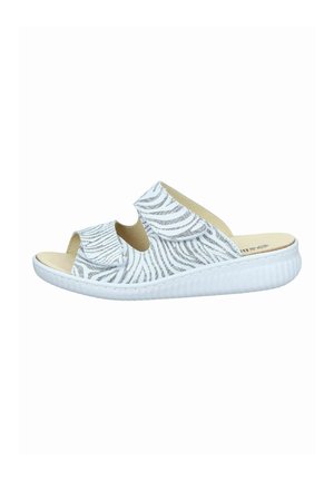 White open-toe sandal with silver zebra stripes, two adjustable straps, cushioned beige insole, and textured white sole.